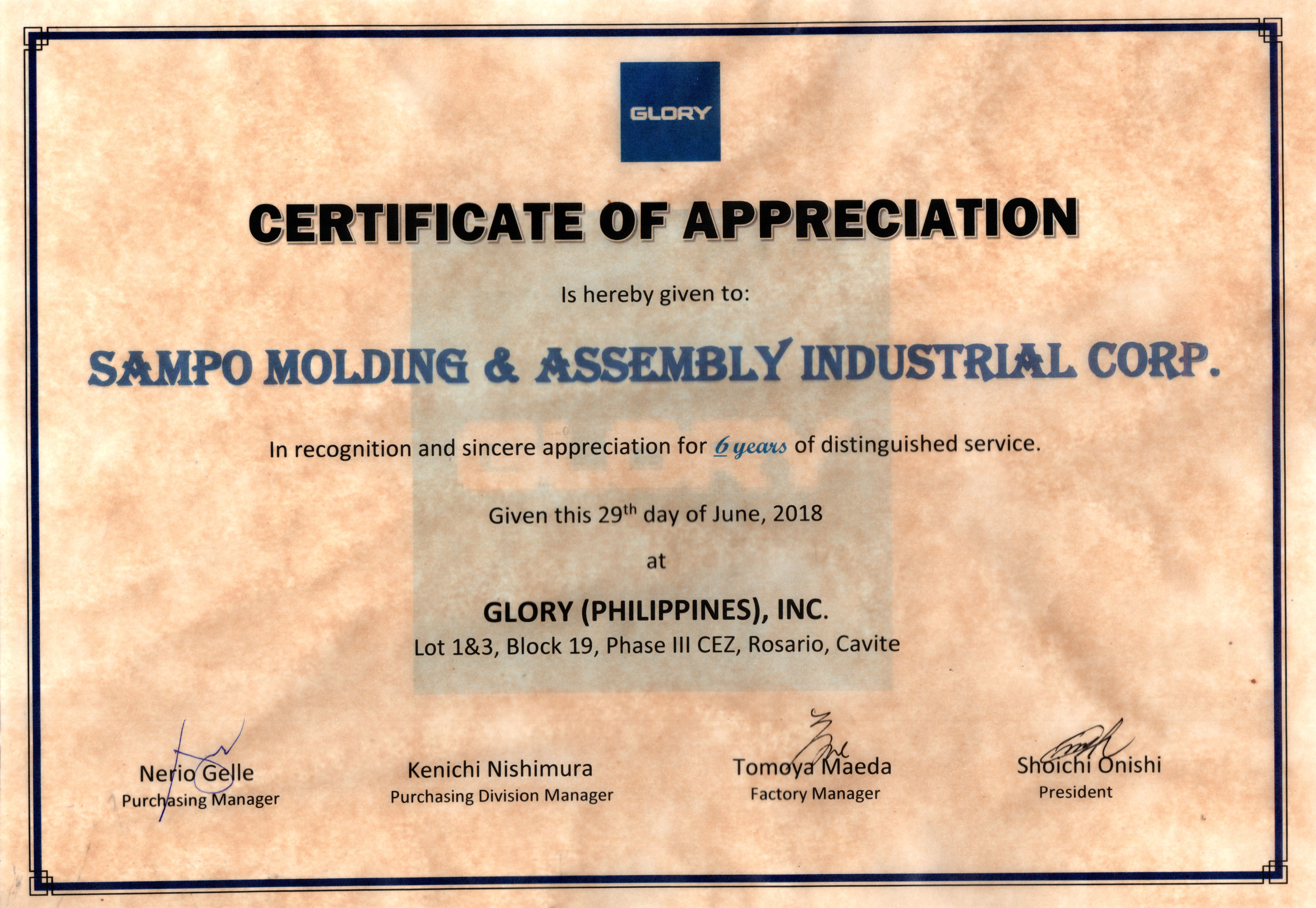 Glory Certificate of Appriciation